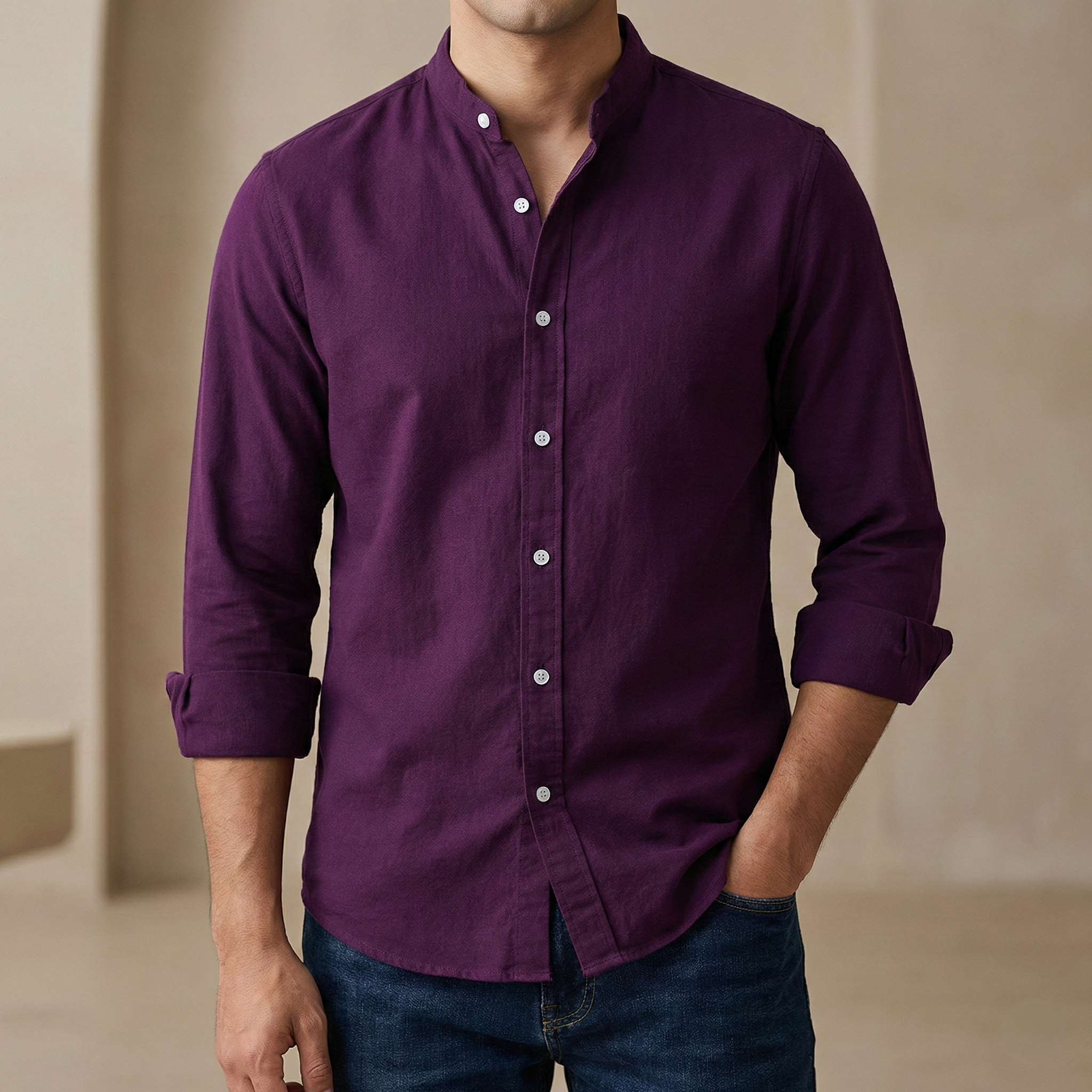Men's Solid Colour Ban color Shirt  (purple)