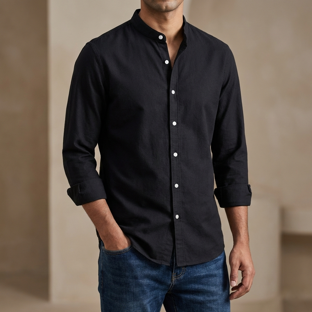 Men's Solid Colour Ban color Shirt  (Black)