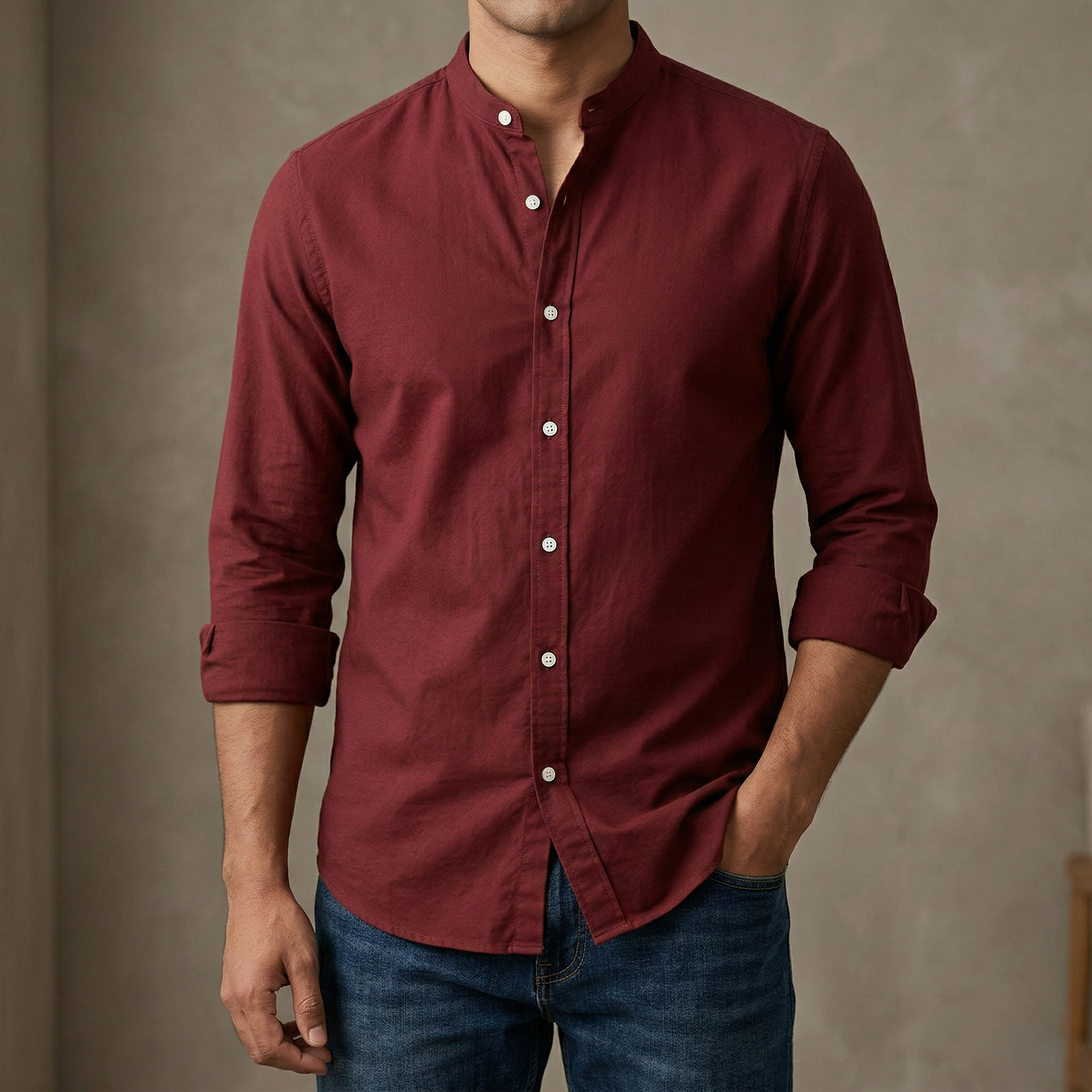 Men's Solid Colour Ban color Shirt  (Light Maroon)