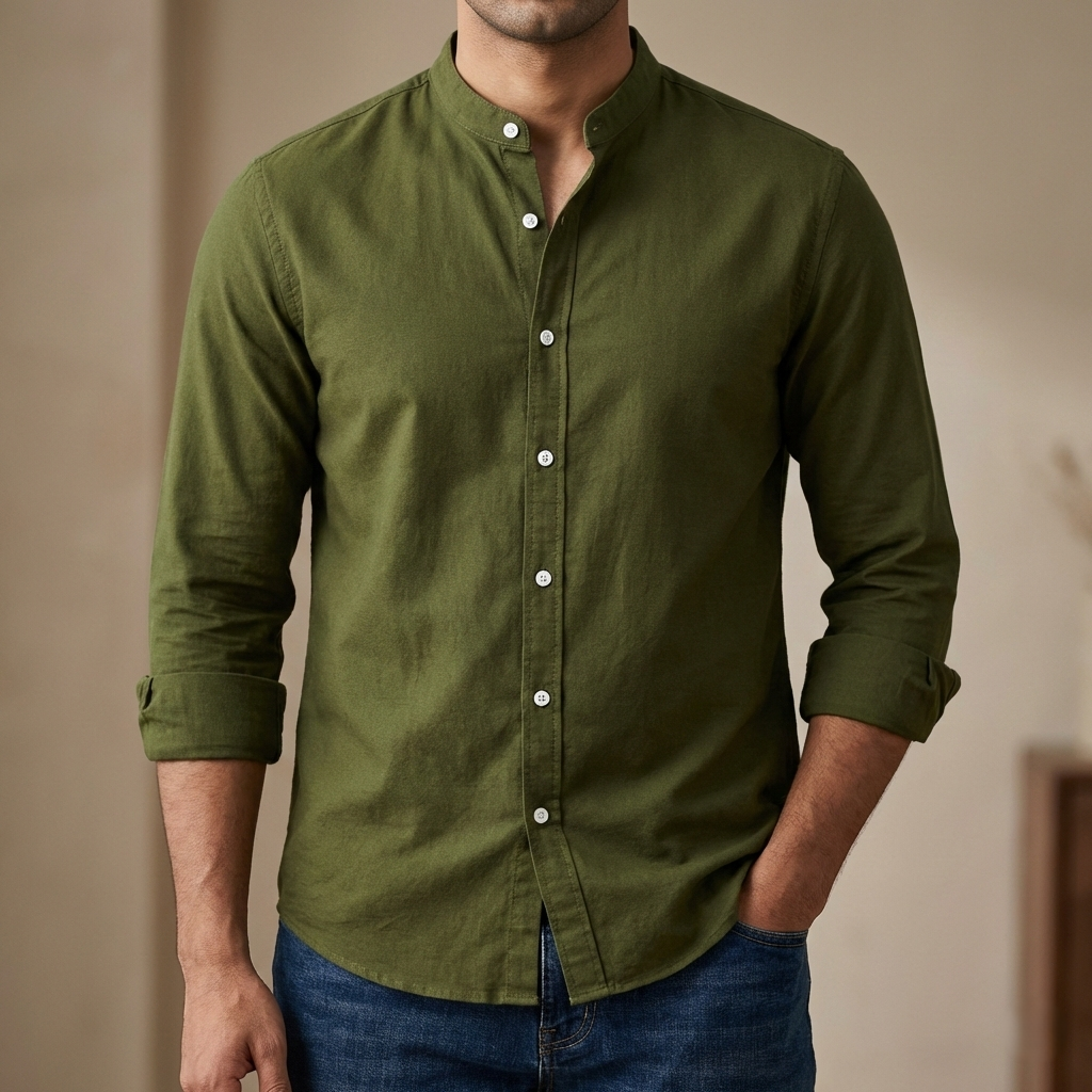 Men's Solid Colour Ban color Shirt  (olive)
